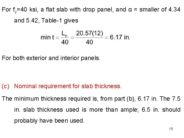 For fy=40 ksi, a flat slab with drop panel, and α = smaller of