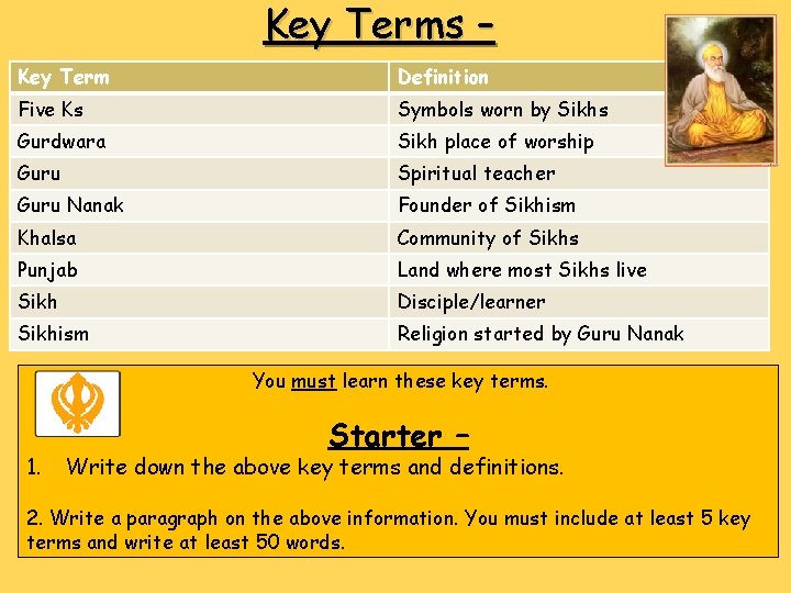 Key Terms – Key Term Definition Five Ks Symbols worn by Sikhs Gurdwara Sikh