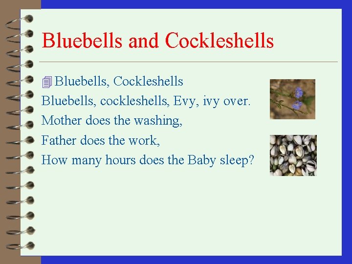 Bluebells and Cockleshells 4 Bluebells, Cockleshells Bluebells, cockleshells, Evy, ivy over. Mother does the