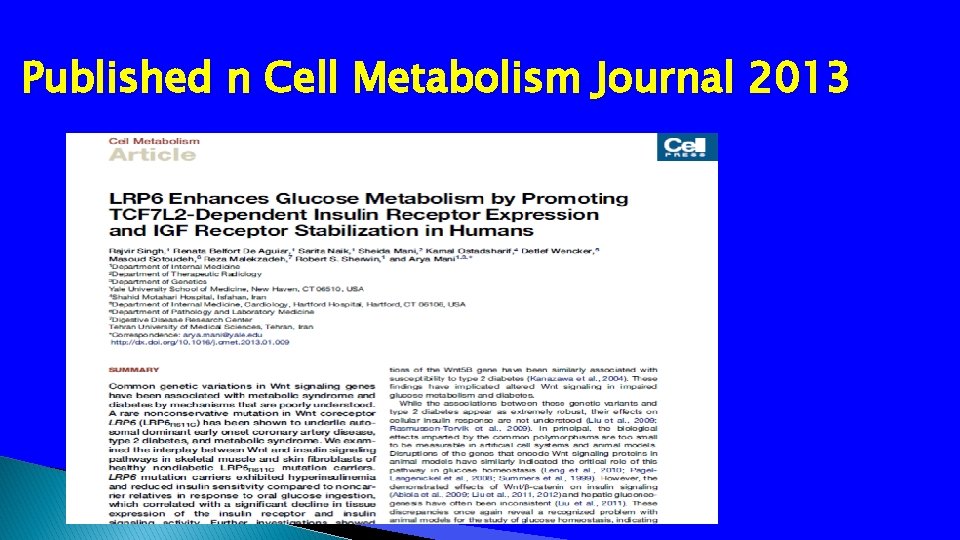 Published n Cell Metabolism Journal 2013 