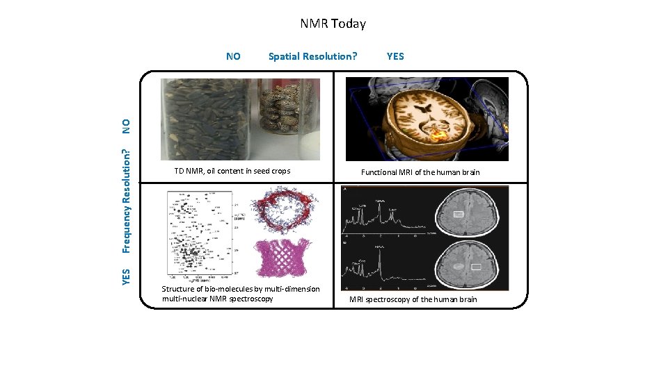 NMR Today Spatial Resolution? YES Frequency Resolution? NO NO TD NMR, oil content in