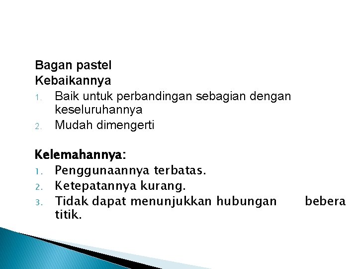 Bagan pastel Kebaikannya 1. Baik untuk perbandingan sebagian dengan keseluruhannya 2. Mudah dimengerti Kelemahannya: