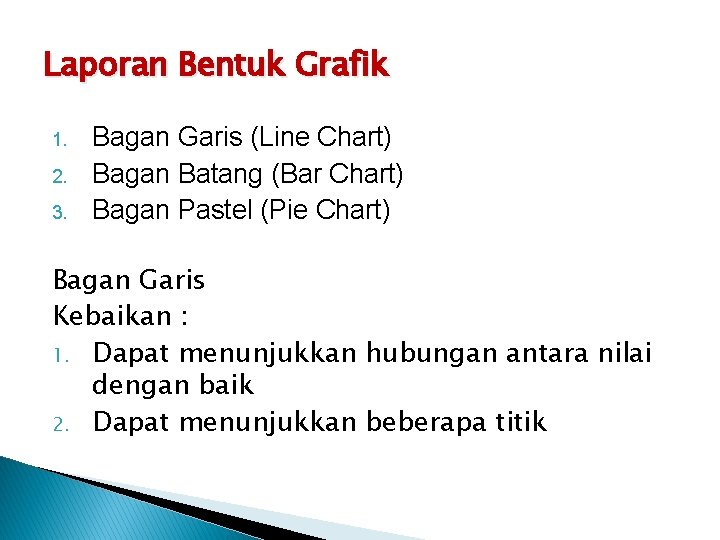 Laporan Bentuk Grafik 1. 2. 3. Bagan Garis (Line Chart) Bagan Batang (Bar Chart)