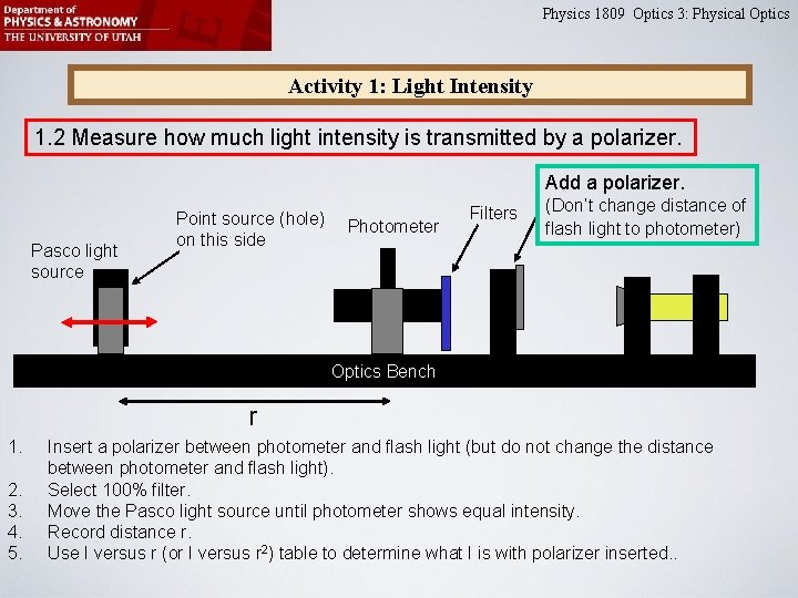 Physics 1809 Optics 3: Physical Optics Activity 1: Light Intensity 1. 2 Measure how Physics 1809 Optics 3: Physical Optics Activity 1: Light Intensity 1. 2 Measure how