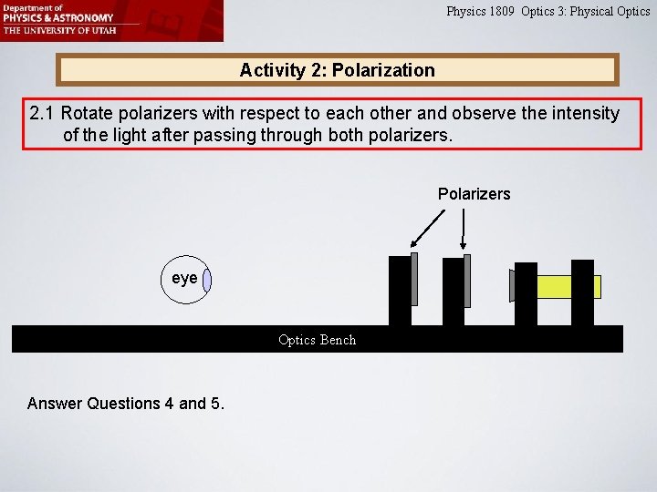 Physics 1809 Optics 3: Physical Optics Activity 2: Polarization 2. 1 Rotate polarizers with Physics 1809 Optics 3: Physical Optics Activity 2: Polarization 2. 1 Rotate polarizers with