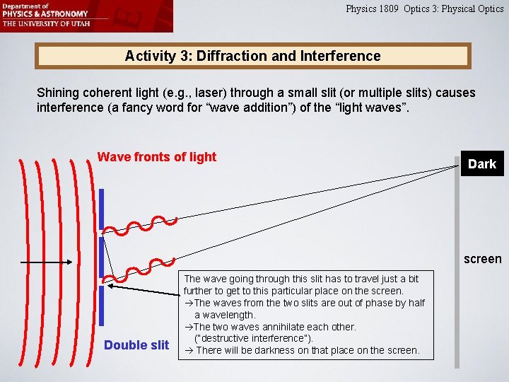 Physics 1809 Optics 3: Physical Optics Activity 3: Diffraction and Interference Shining coherent light Physics 1809 Optics 3: Physical Optics Activity 3: Diffraction and Interference Shining coherent light