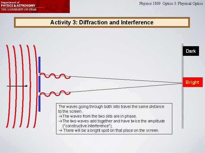 Physics 1809 Optics 3: Physical Optics Activity 3: Diffraction and Interference Dark Bright The Physics 1809 Optics 3: Physical Optics Activity 3: Diffraction and Interference Dark Bright The