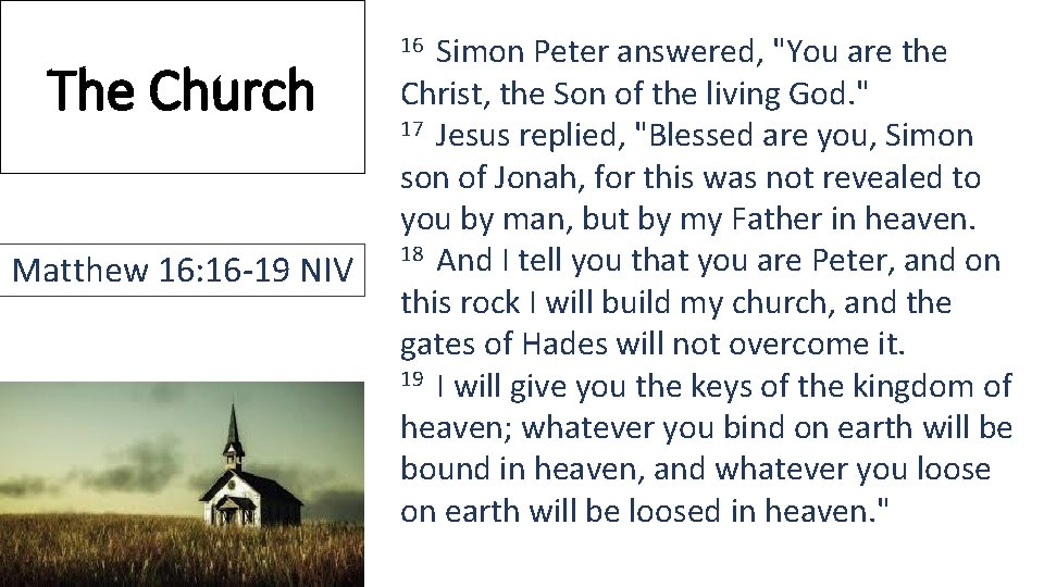 The Church Matthew 16: 16 -19 NIV 16 Simon Peter answered, "You are the