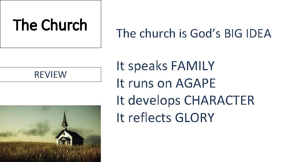 The Church REVIEW The church is God’s BIG IDEA It speaks FAMILY It runs