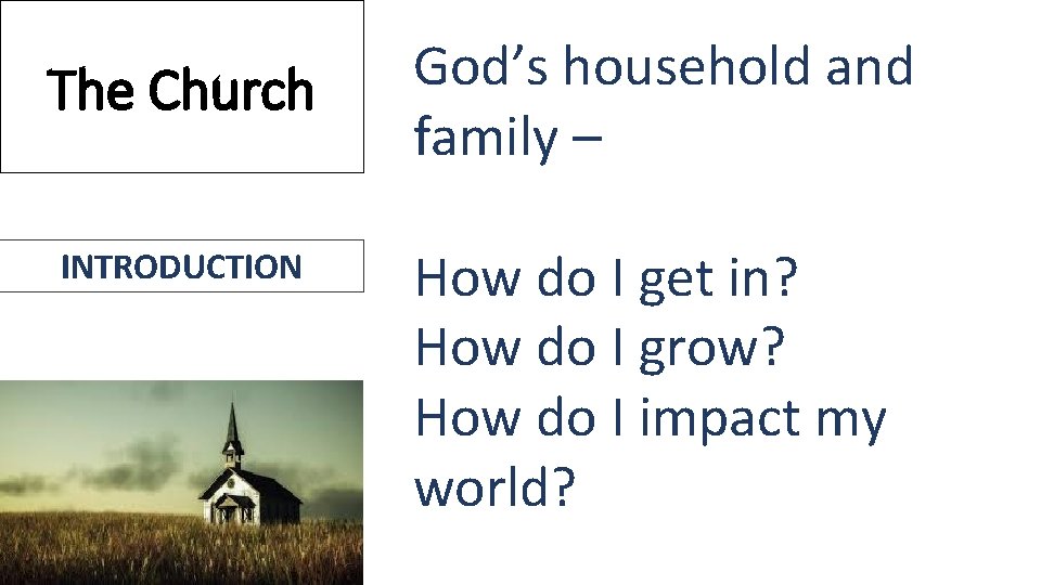 The Church INTRODUCTION God’s household and family – How do I get in? How