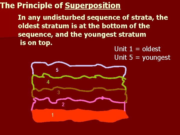 The Principle of Superposition In any undisturbed sequence of strata, the oldest stratum is