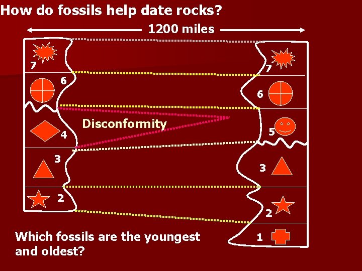 How do fossils help date rocks? 1200 miles 7 7 6 6 4 Disconformity