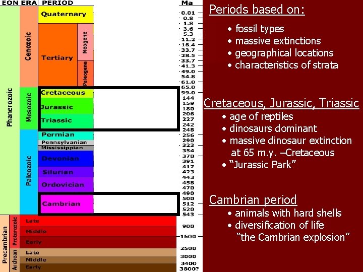 Periods based on: • • fossil types massive extinctions geographical locations characteristics of strata