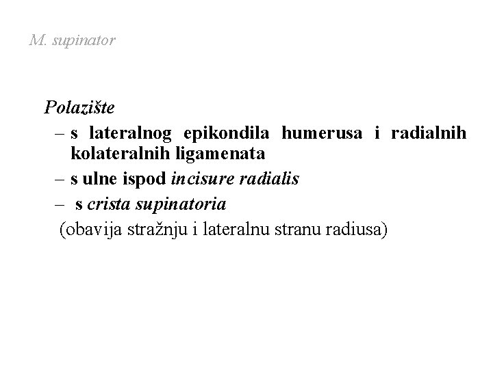 M. supinator Polazište – s lateralnog epikondila humerusa i radialnih kolateralnih ligamenata – s M. supinator Polazište – s lateralnog epikondila humerusa i radialnih kolateralnih ligamenata – s
