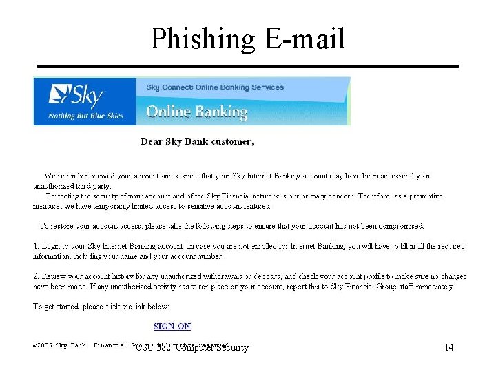 Phishing E-mail CSC 382: Computer Security 14 