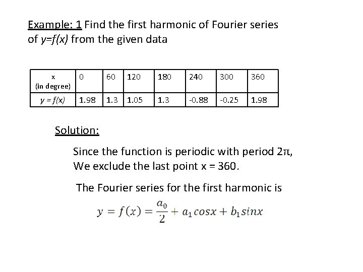 Example: 1 Find the first harmonic of Fourier series of y=f(x) from the given