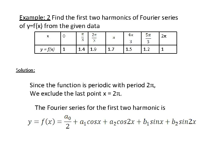 Example: 2 Find the first two harmonics of Fourier series of y=f(x) from the