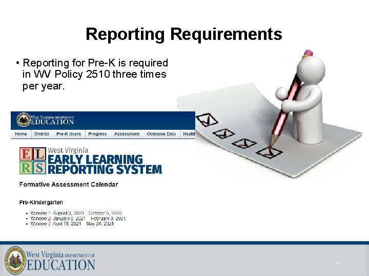 Reporting Requirements • Reporting for Pre-K is required in WV Policy 2510 three times