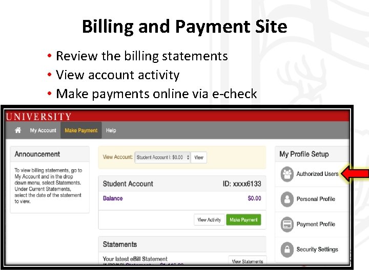 Billing and Payment Site • Review the billing statements • View account activity •