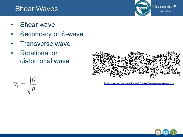 Shear Waves • • Shear wave Secondary or S-wave Transverse wave Rotational or distortional Shear Waves • • Shear wave Secondary or S-wave Transverse wave Rotational or distortional
