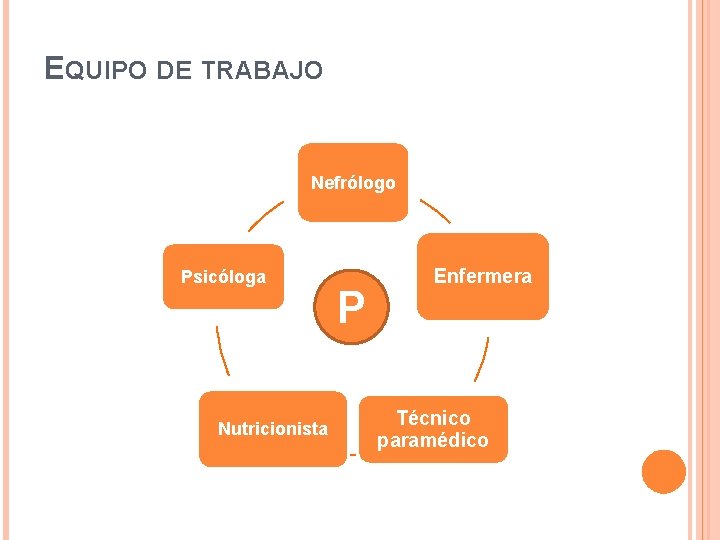 EQUIPO DE TRABAJO Nefrólogo Psicóloga Nutricionista P Enfermera Técnico paramédico EQUIPO DE TRABAJO Nefrólogo Psicóloga Nutricionista P Enfermera Técnico paramédico