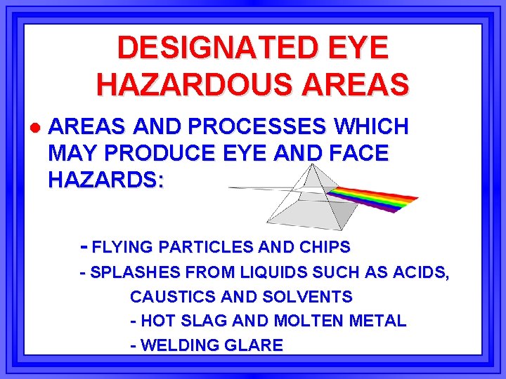DESIGNATED EYE HAZARDOUS AREAS l AREAS AND PROCESSES WHICH MAY PRODUCE EYE AND FACE