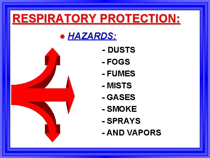 RESPIRATORY PROTECTION: l HAZARDS: - DUSTS - FOGS - FUMES - MISTS - GASES