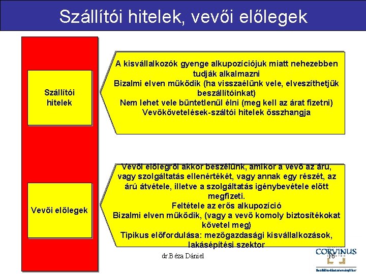 Szállítói hitelek, vevői előlegek Szállítói hitelek Vevői előlegek A kisvállalkozók gyenge alkupozíciójuk miatt nehezebben