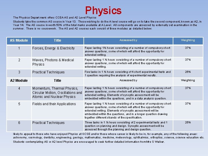 Physics The Physics Department offers CCEA AS and A 2 Level Physics Students take