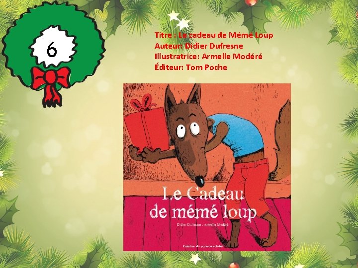 6 Titre : Le cadeau de Mémé Loup Auteur: Didier Dufresne Illustratrice: Armelle Modéré