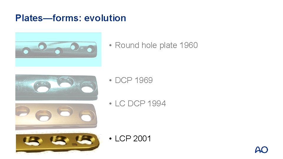 Plates—forms: evolution • Round hole plate 1960 • DCP 1969 • LC DCP 1994