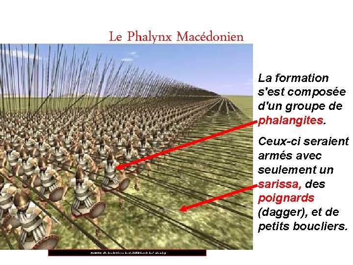 Le Phalynx Macédonien La formation s'est composée d'un groupe de phalangites. Ceux-ci seraient armés