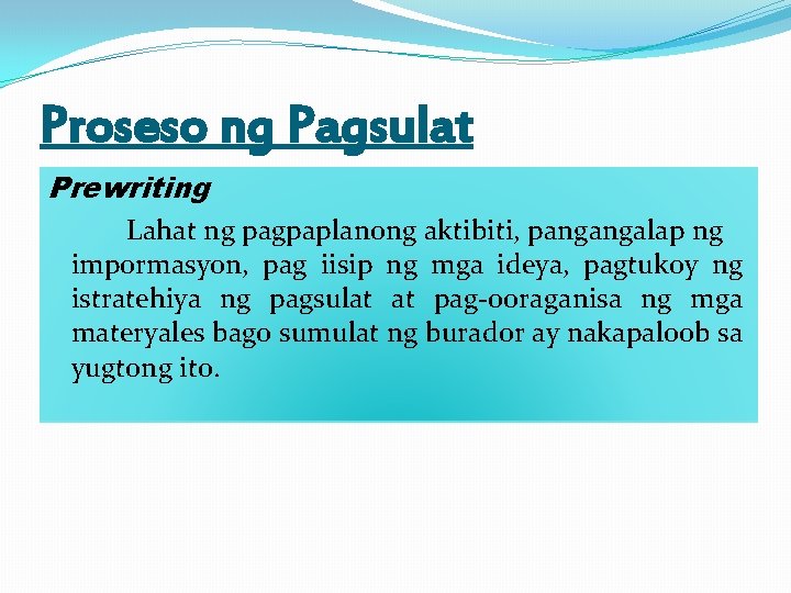 Proseso ng Pagsulat Prewriting Lahat ng pagpaplanong aktibiti, pangangalap ng impormasyon, pag iisip ng