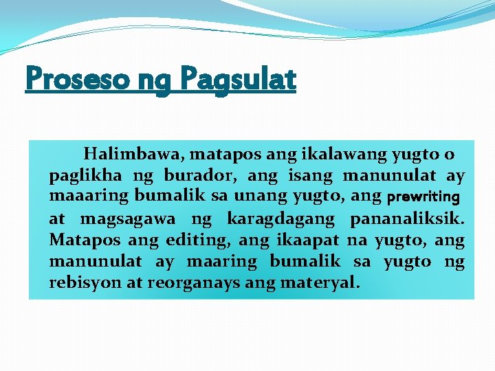 Proseso ng Pagsulat Halimbawa, matapos ang ikalawang yugto o paglikha ng burador, ang isang