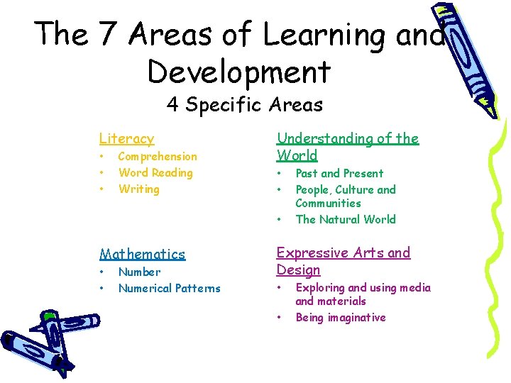 The 7 Areas of Learning and Development 4 Specific Areas Literacy • • •