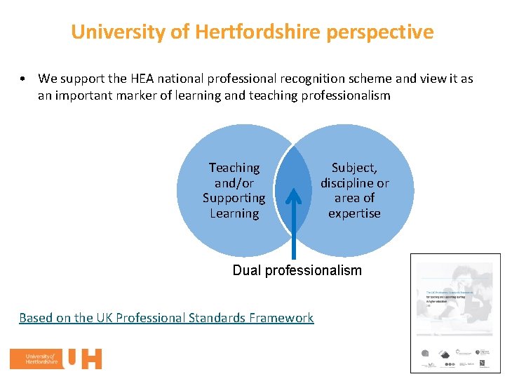 University of Hertfordshire perspective • We support the HEA national professional recognition scheme and