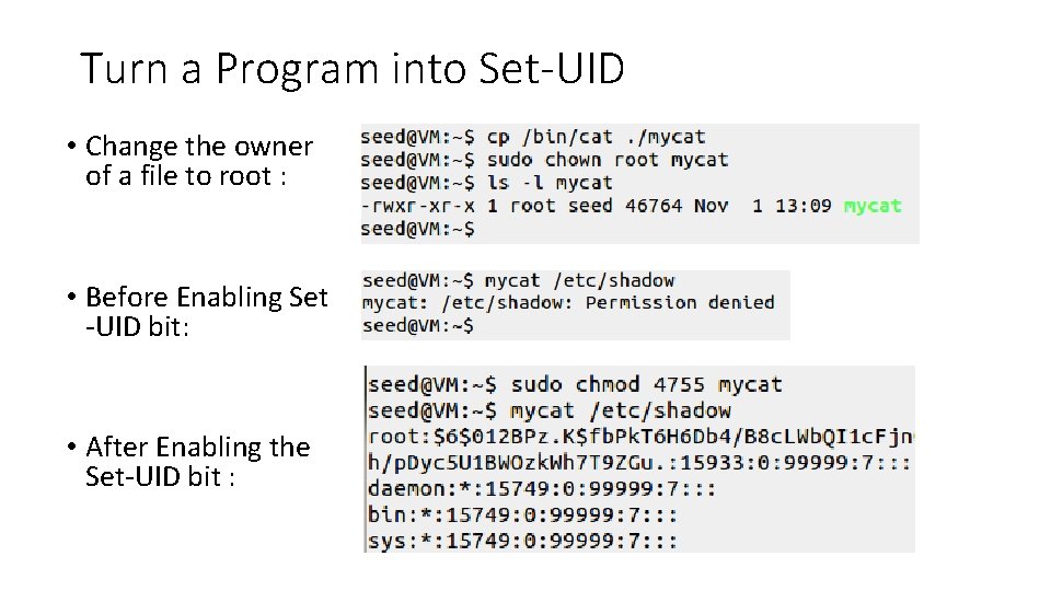 Turn a Program into Set-UID • Change the owner of a file to root Turn a Program into Set-UID • Change the owner of a file to root