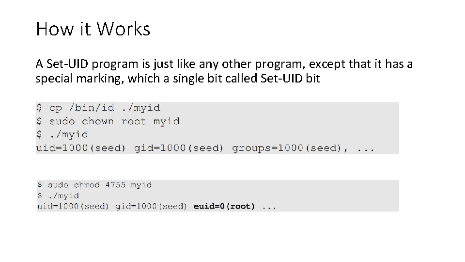How it Works A Set-UID program is just like any other program, except that How it Works A Set-UID program is just like any other program, except that