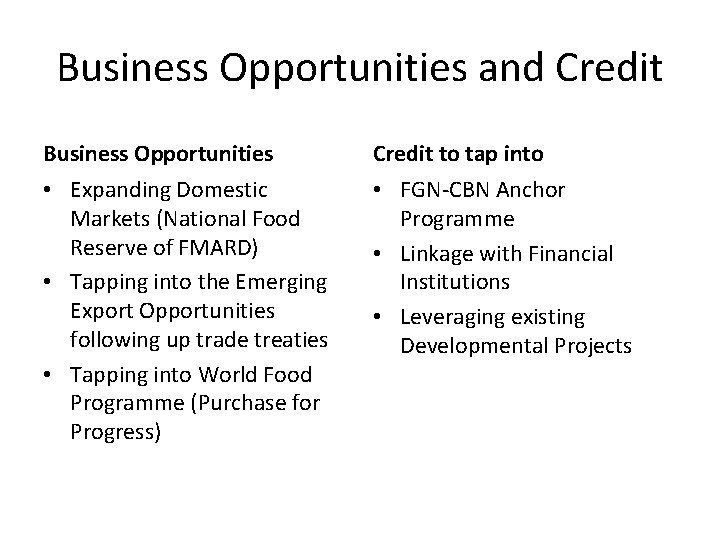 Business Opportunities and Credit Business Opportunities Credit to tap into • Expanding Domestic Markets