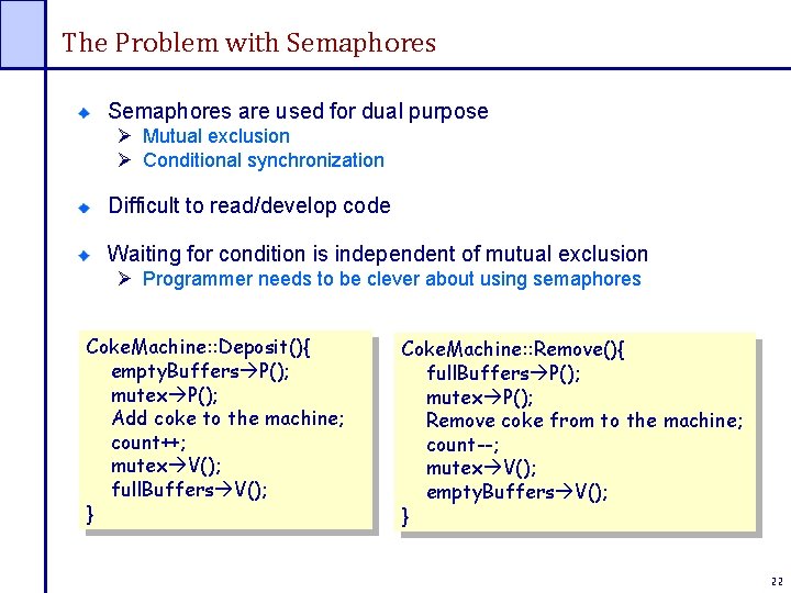 The Problem with Semaphores are used for dual purpose Ø Mutual exclusion Ø Conditional