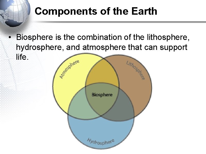 Components of the Earth • Biosphere is the combination of the lithosphere, hydrosphere, and