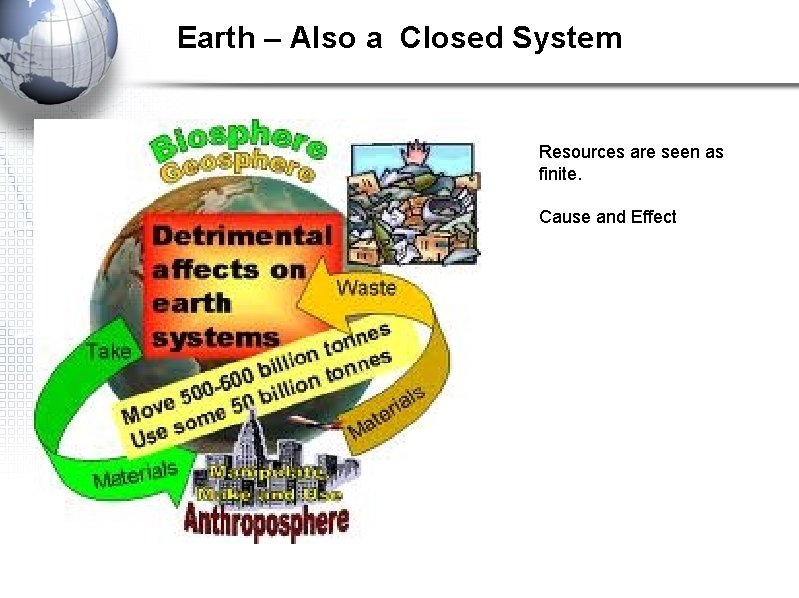 Earth – Also a Closed System Resources are seen as finite. Cause and Effect