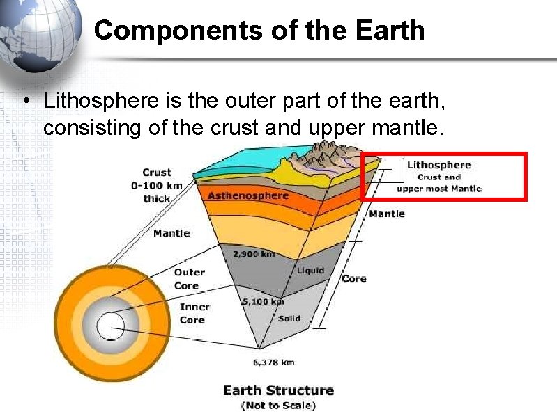Components of the Earth • Lithosphere is the outer part of the earth, consisting