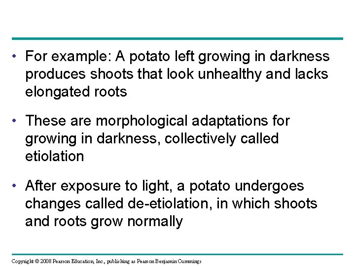  • For example: A potato left growing in darkness produces shoots that look