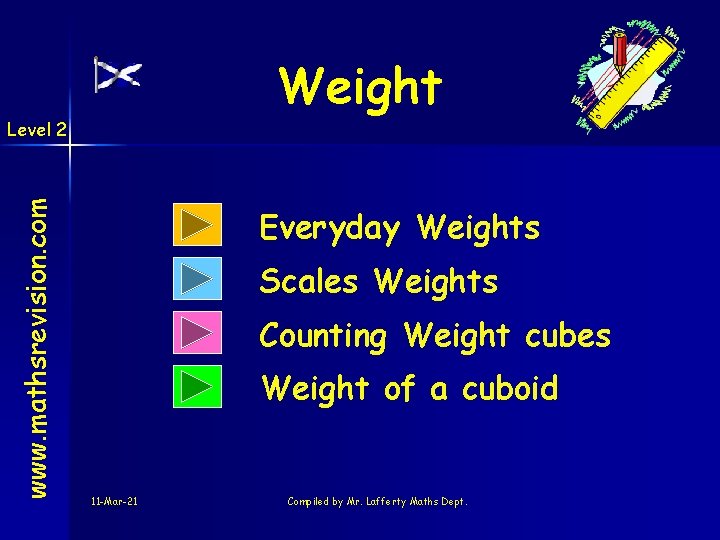 Weight www. mathsrevision. com Level 2 Everyday Weights Scales Weights Counting Weight cubes Weight