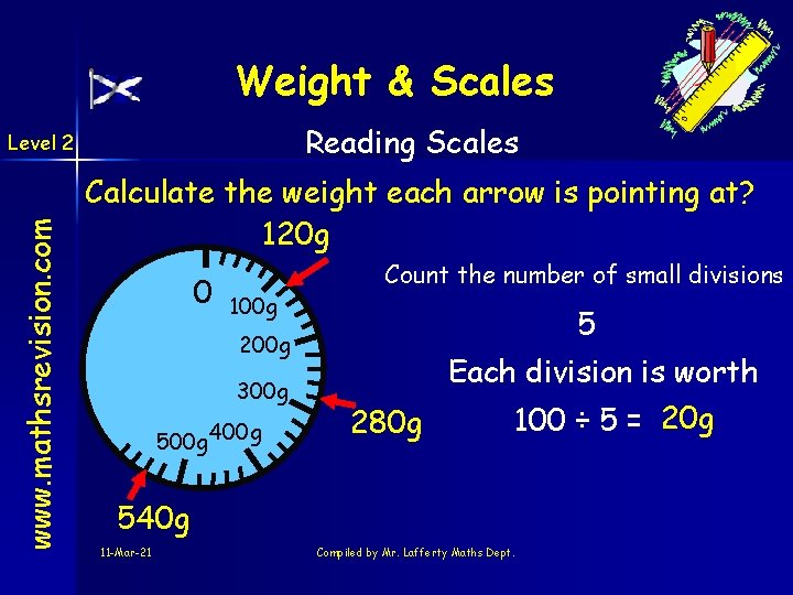 Weight & Scales Reading Scales www. mathsrevision. com Level 2 Calculate the weight each