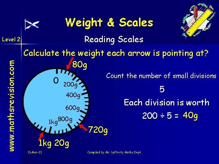 Weight & Scales Reading Scales www. mathsrevision. com Level 2 Calculate the weight each