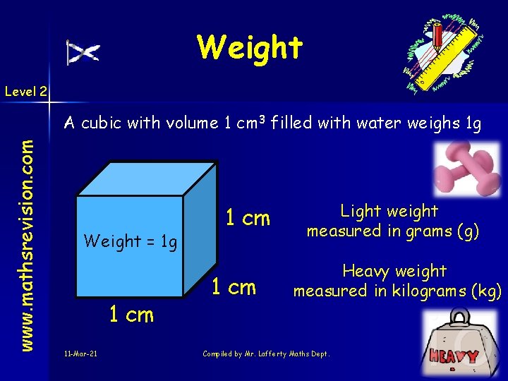 Weight Level 2 www. mathsrevision. com A cubic with volume 1 cm 3 filled