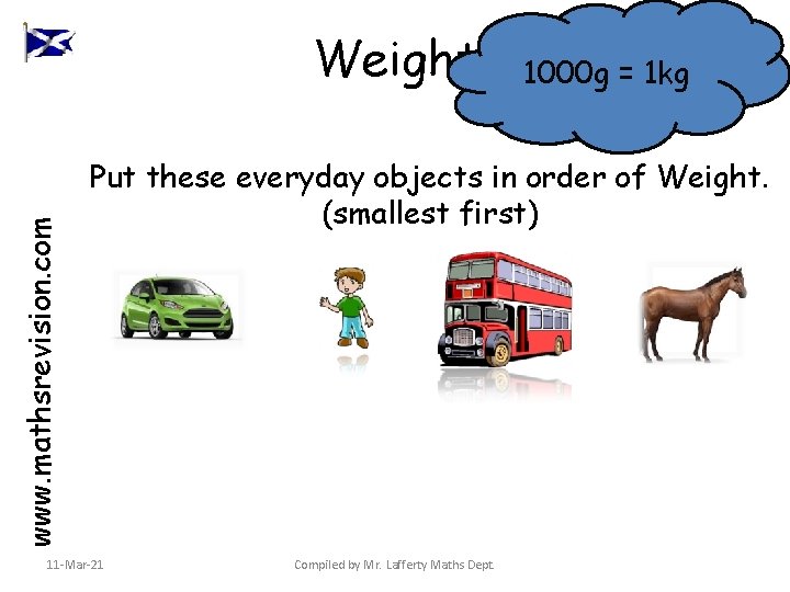 www. mathsrevision. com Weight 1000 g = 1 kg Put these everyday objects in